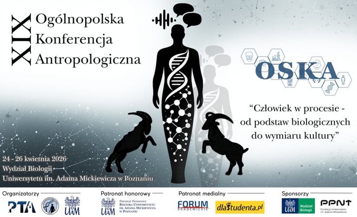 plakat konferencji oska z czarnymi kształtami człowieka i kóz