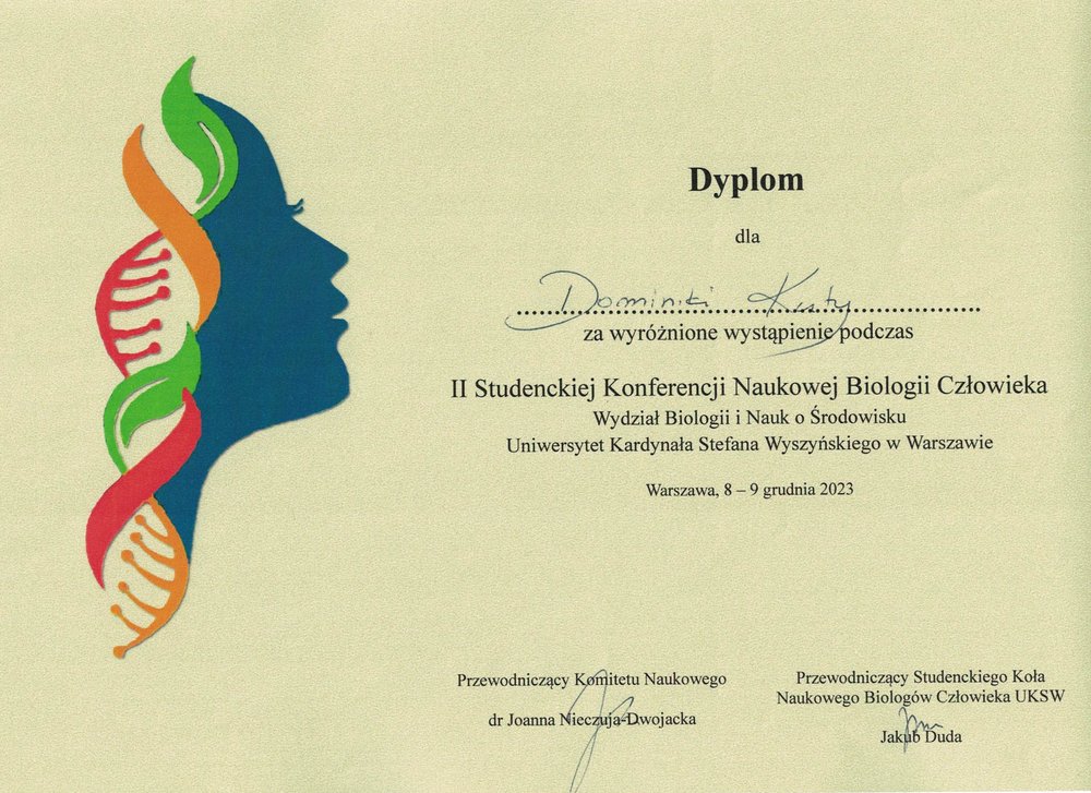 Dyplom dla Dominiki Kuty za wyróżnione wystąpienie podczas konferencji