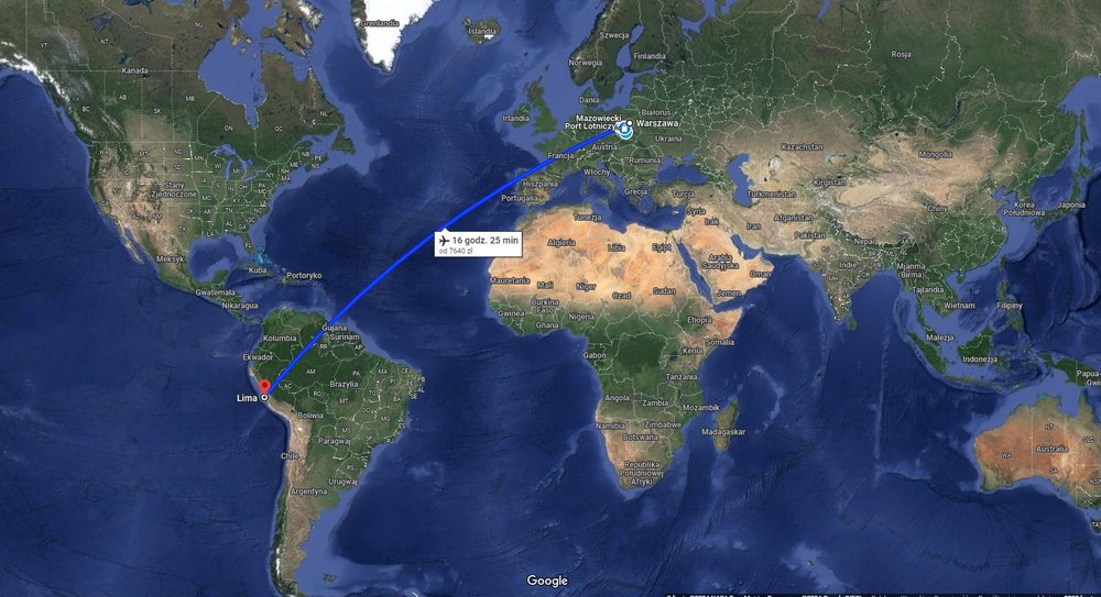 screenschot map google z zaznaczoną trasą Warszawa w Polsce - Lima w Peru