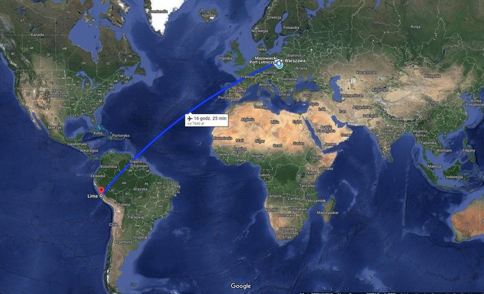 screenschot map google z zaznaczoną trasą Warszawa w Polsce - Lima w Peru