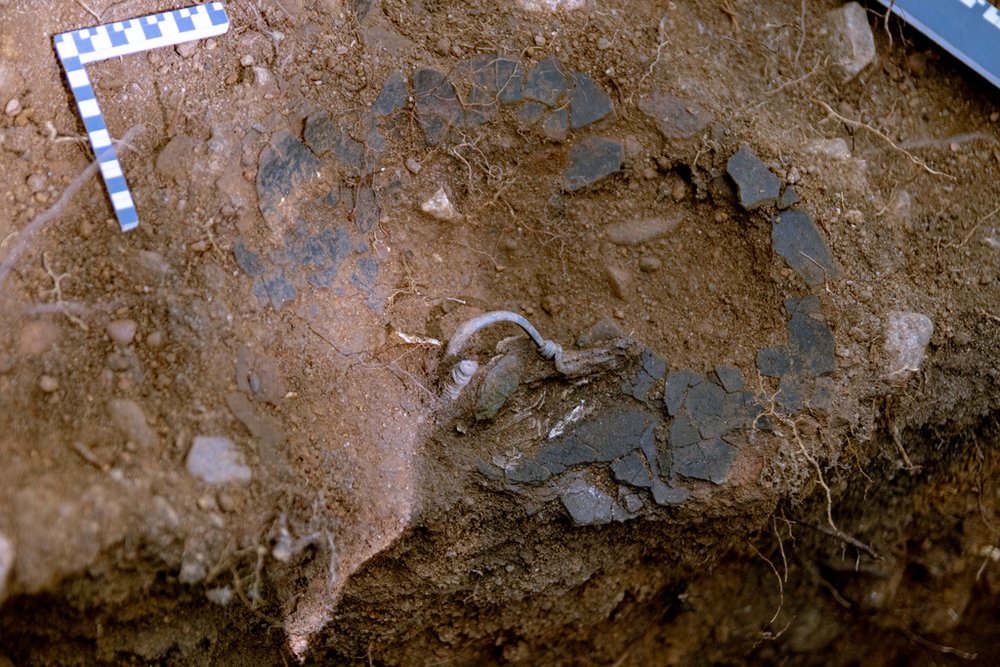 odkryty wykop z fragmentami ceramiki i metalowymi elementami