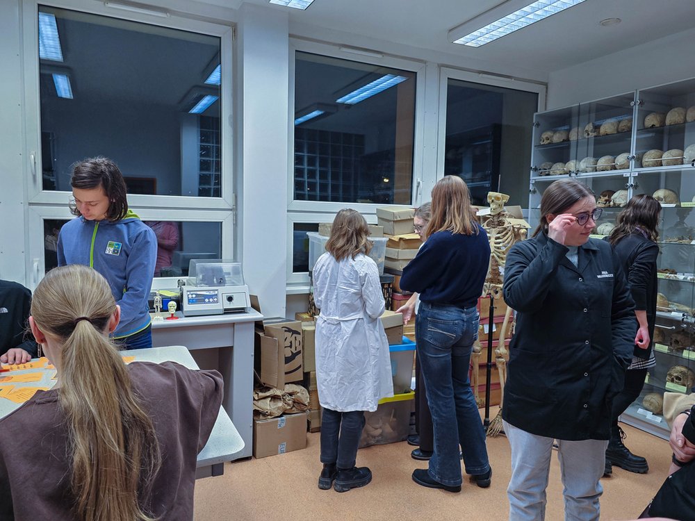 Grupa ludzi rozmawiająca w sali na tle okien i gablot oraz pudeł z materiałem kostnym