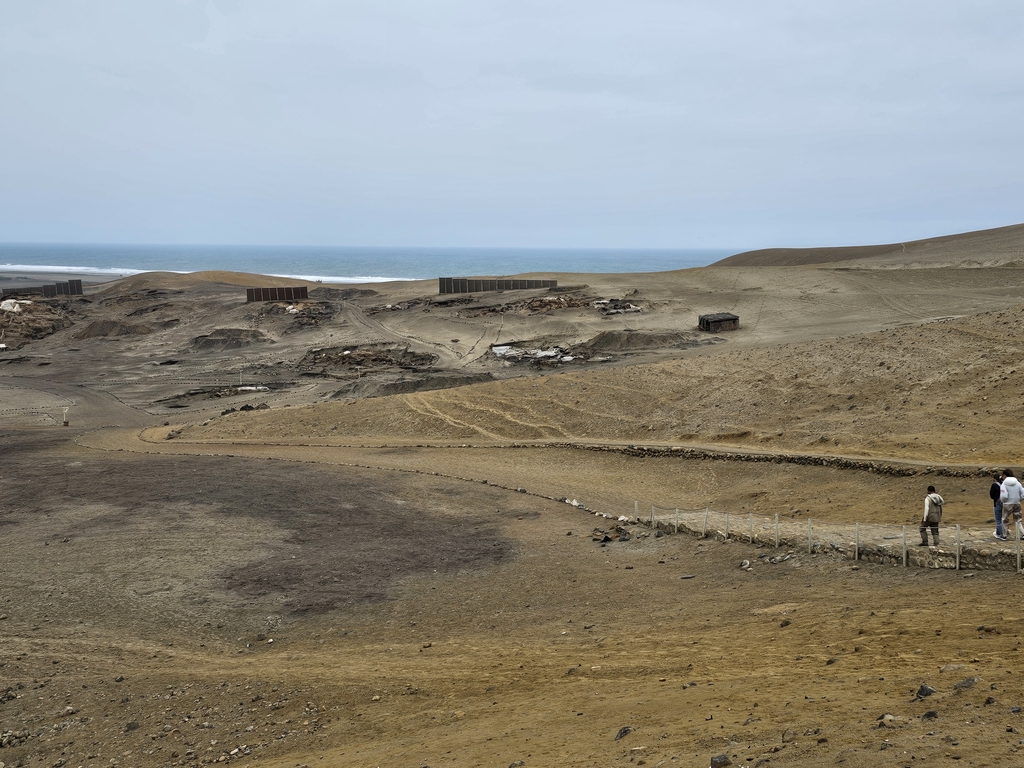 widok na pustynię, w tle ocean oraz fragment stanowiska archeologicznego