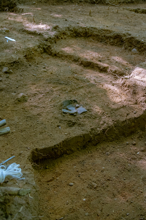 odkryty wykop z fragmentami ceramiki